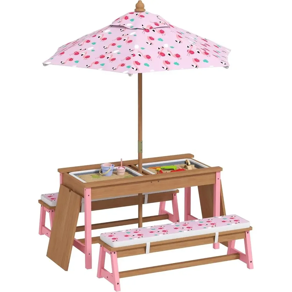 Kids Outdoor Picnic Table - Wooden Picnic Table Set with Umbrella,