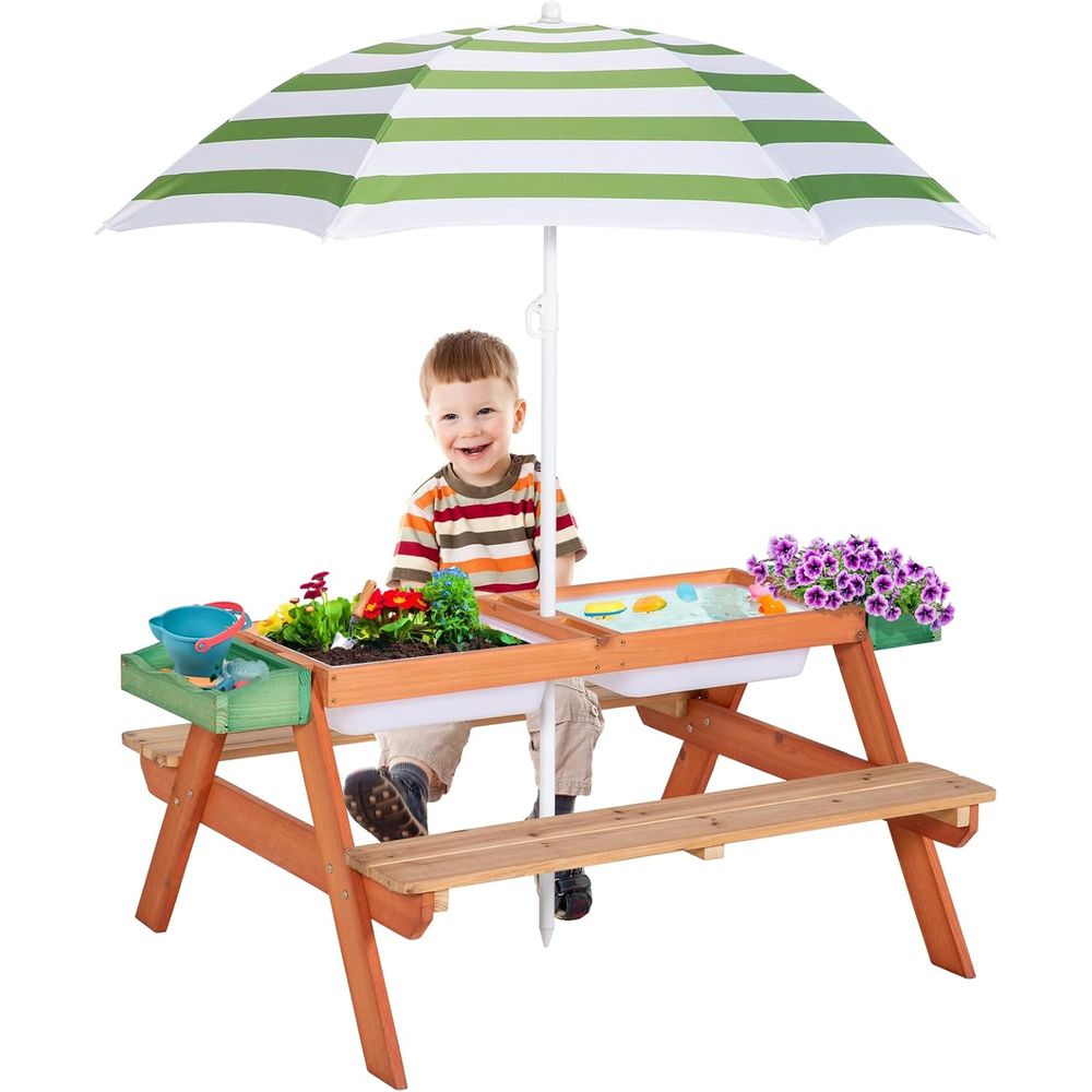 Kids Outdoor Table With Umbrella - Multifunctional Outdoor Wooden Kids Picnic Table