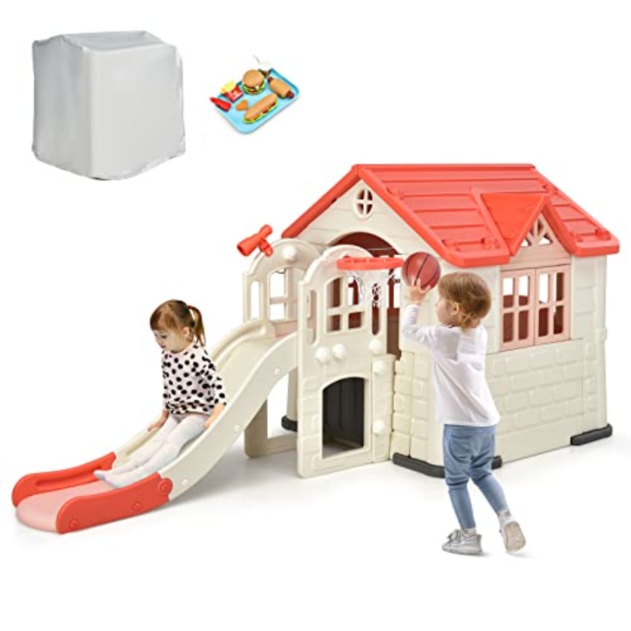 Kids Outdoor Picnic Table - Outdoor kids playhouse and slide set: