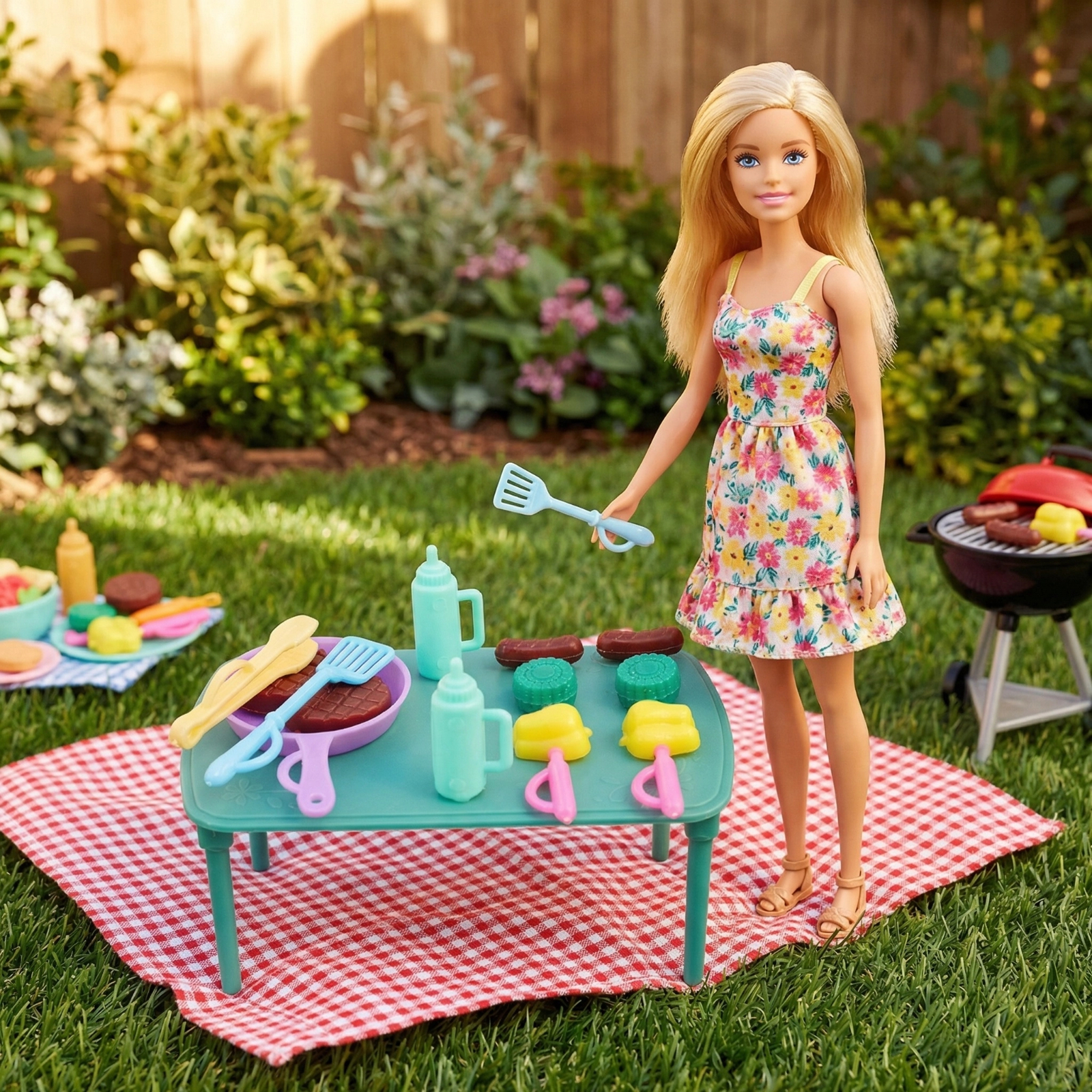 Kids Outdoor Picnic Table - Doll Outdoor BBQ Picnic Playset Pretend