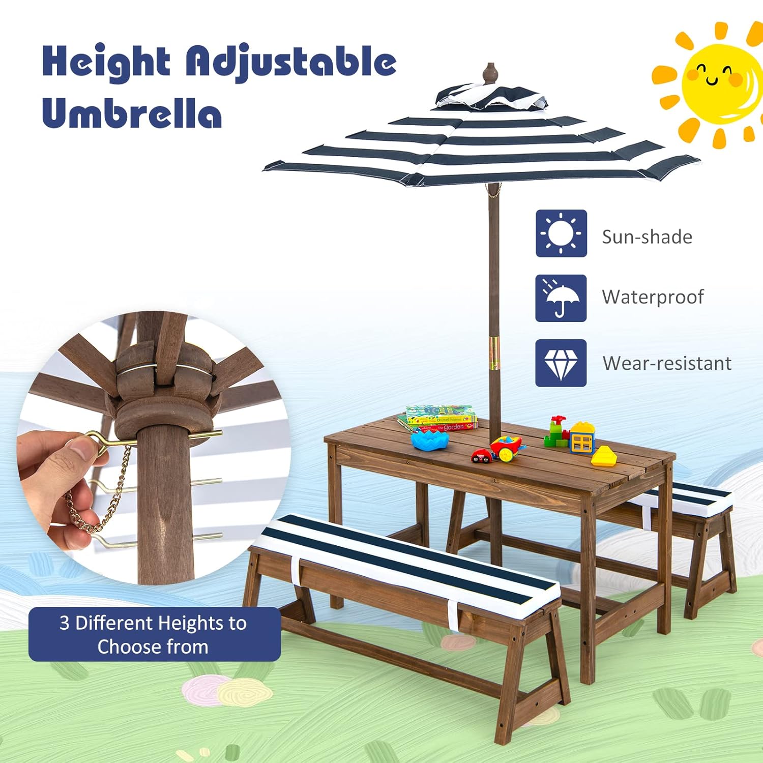 Height Adjustable Wooden Kids  - đánh giá và giá Kids Outdoor Picnic Table