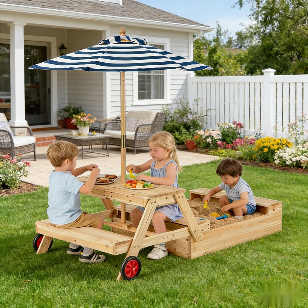 Kids Picnic Table with Sandbox - đánh giá và giá Kids Outdoor Table With Umbrella
